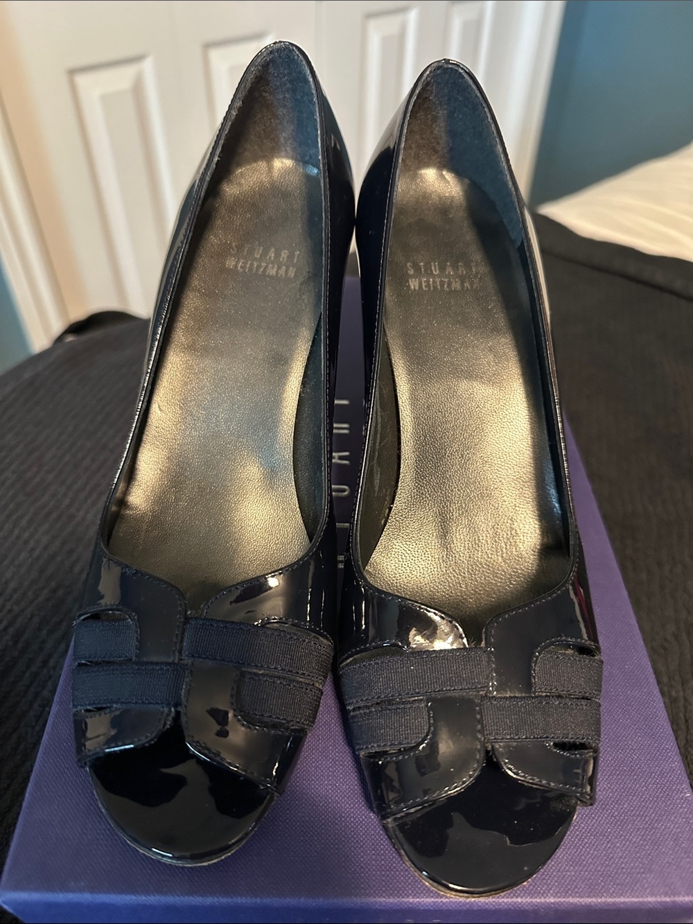 Stuart Weitzman Black Patent Leather Peep-Toe Pumps with Bow Detail
